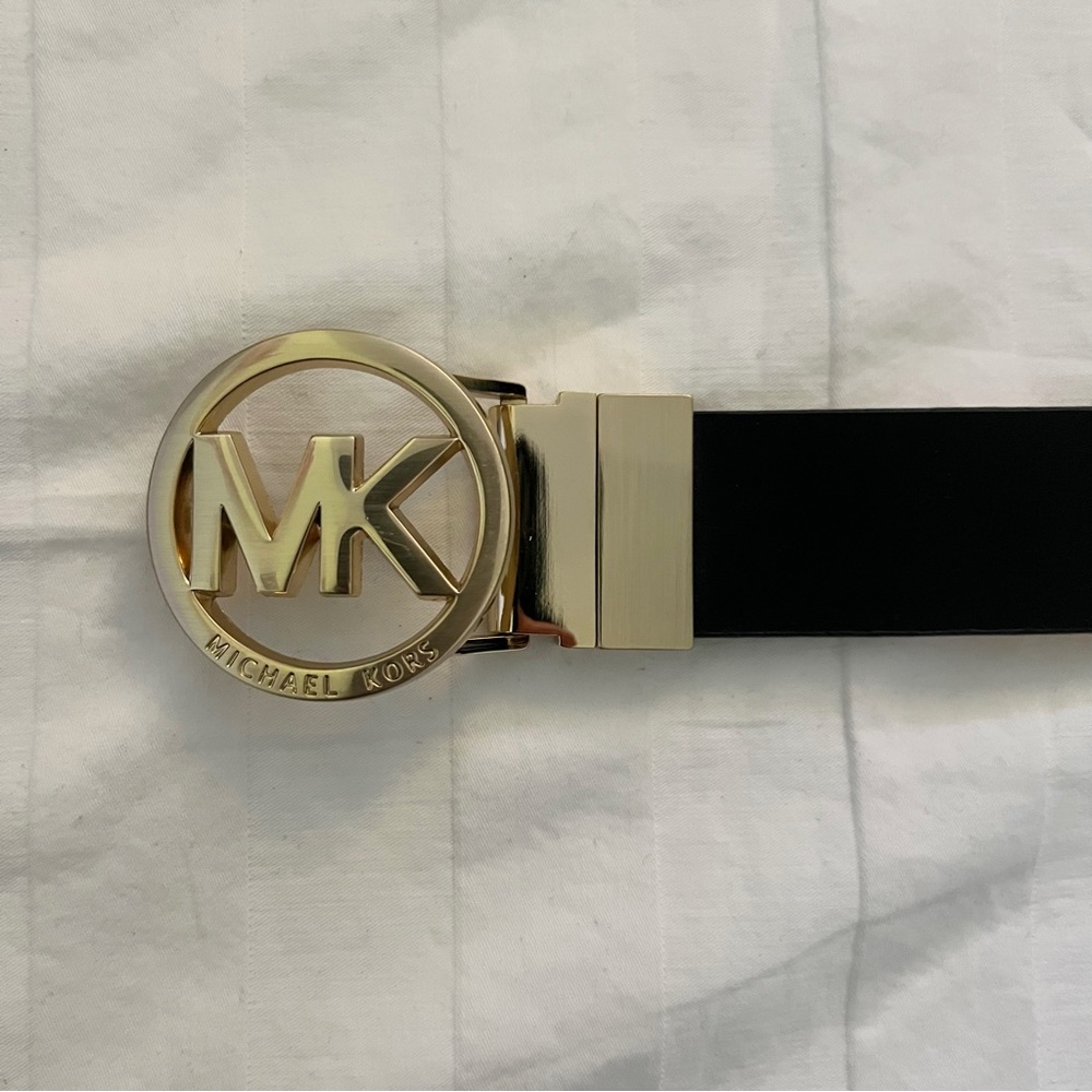 MK Black & Gold Leather Belt - Picture 2 of 5